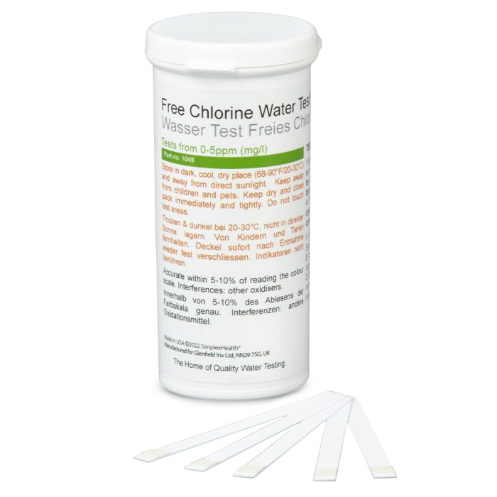 Free Chlorine Water Test 0-5ppm (50 Strips), low range