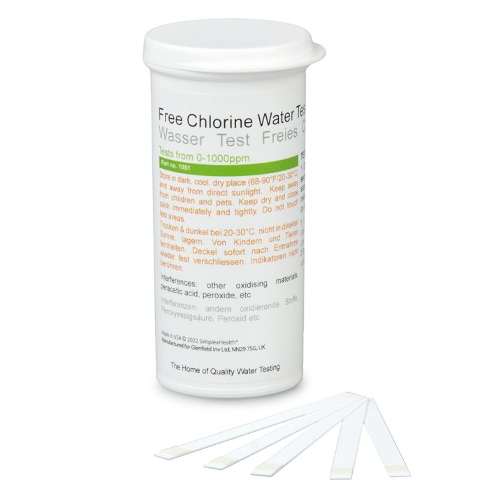 Free Chlorine Water Test 0-1000ppm (50 Strips), High Range