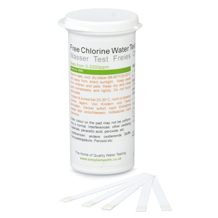 Free Chlorine Water Test 0-2000ppm (100 Strips), High Range